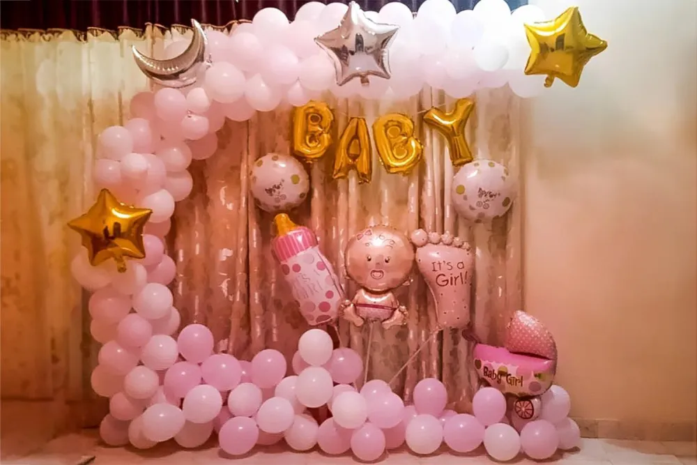 Welcome baby girl standee with flowers and balloons by AA Decorators Zirakpur